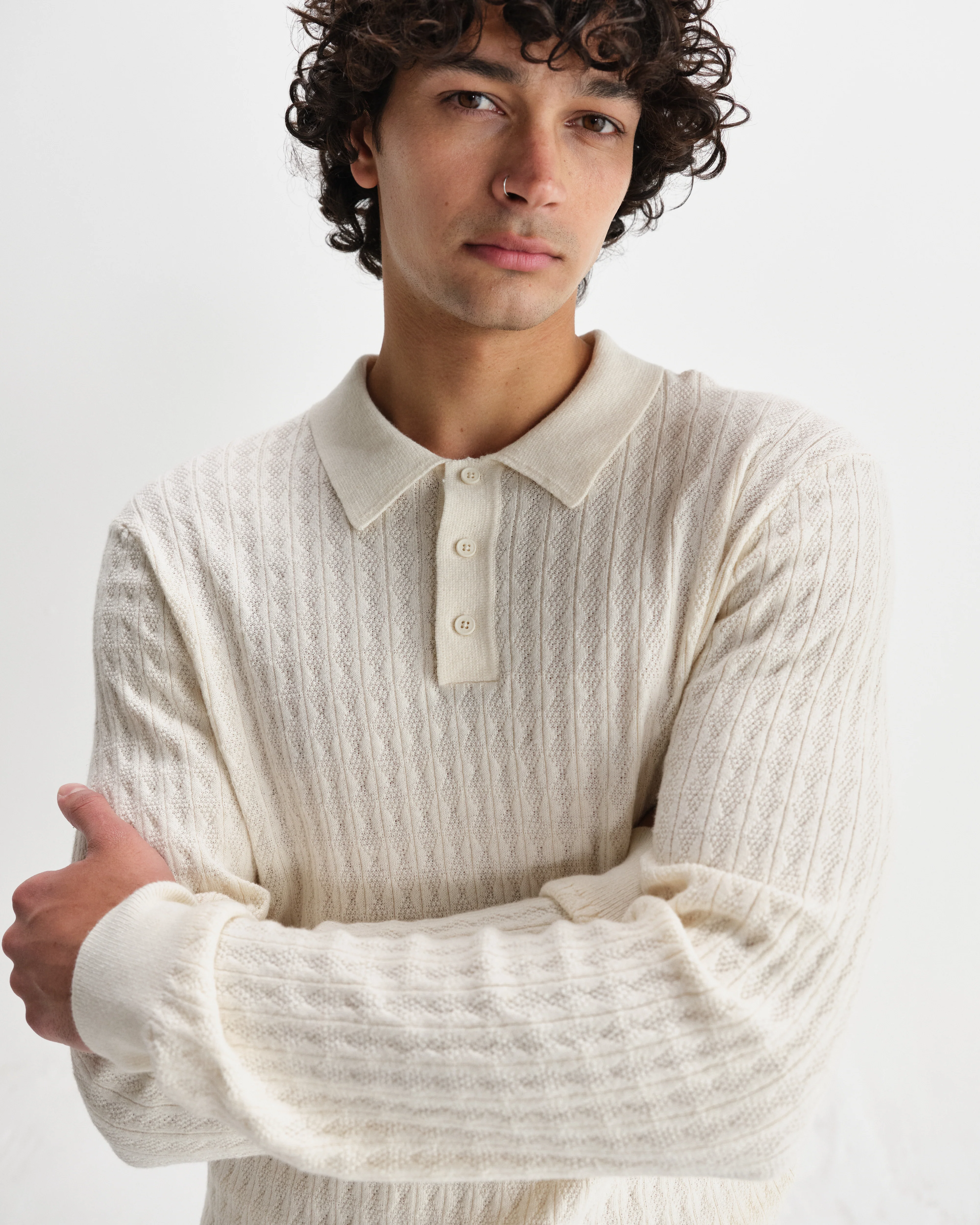 Oban - Ecru Diamond Stripe Knitted Polo - Image 3