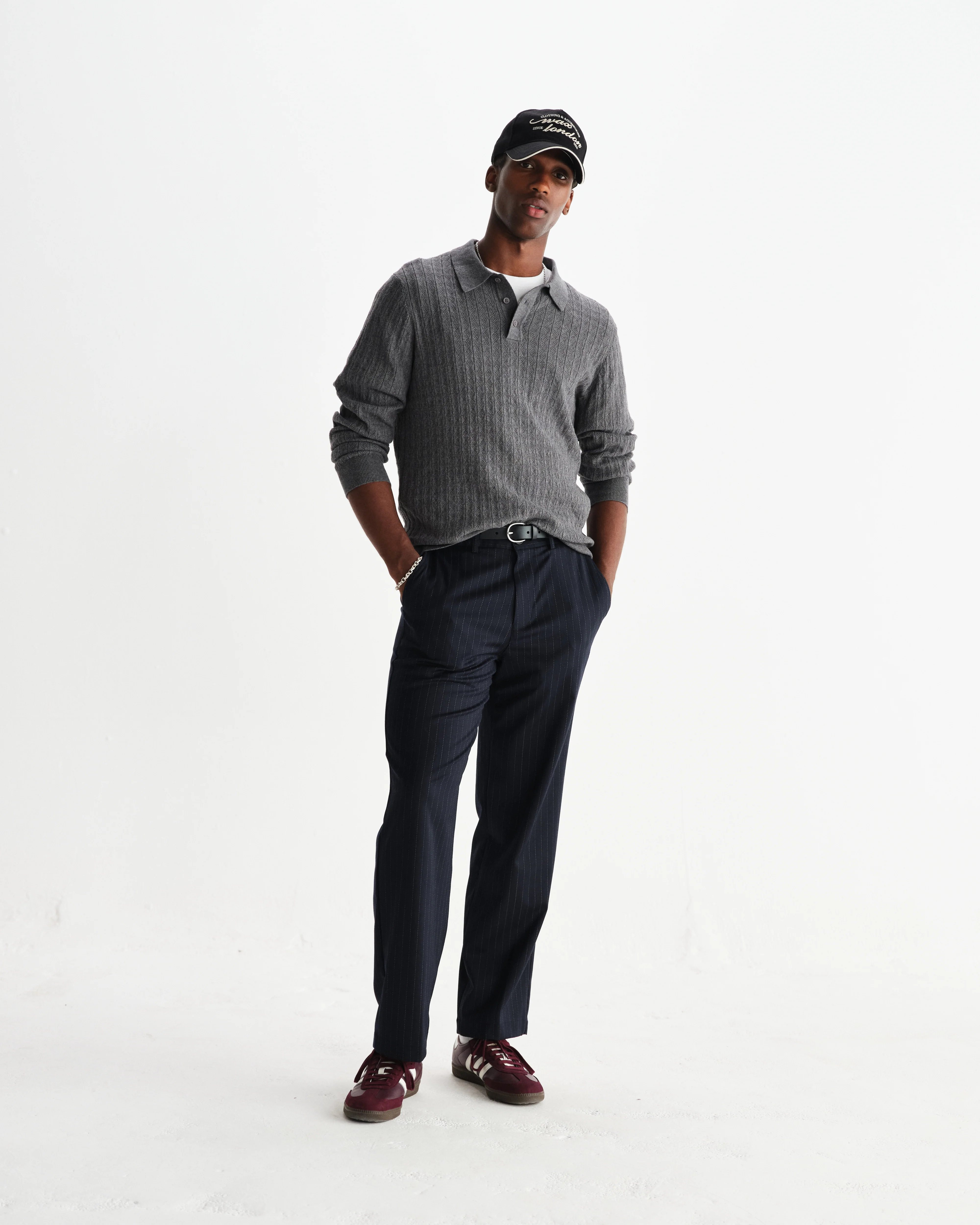 Oban - Grey Marl Diamond Stripe Knitted Polo - Image 4