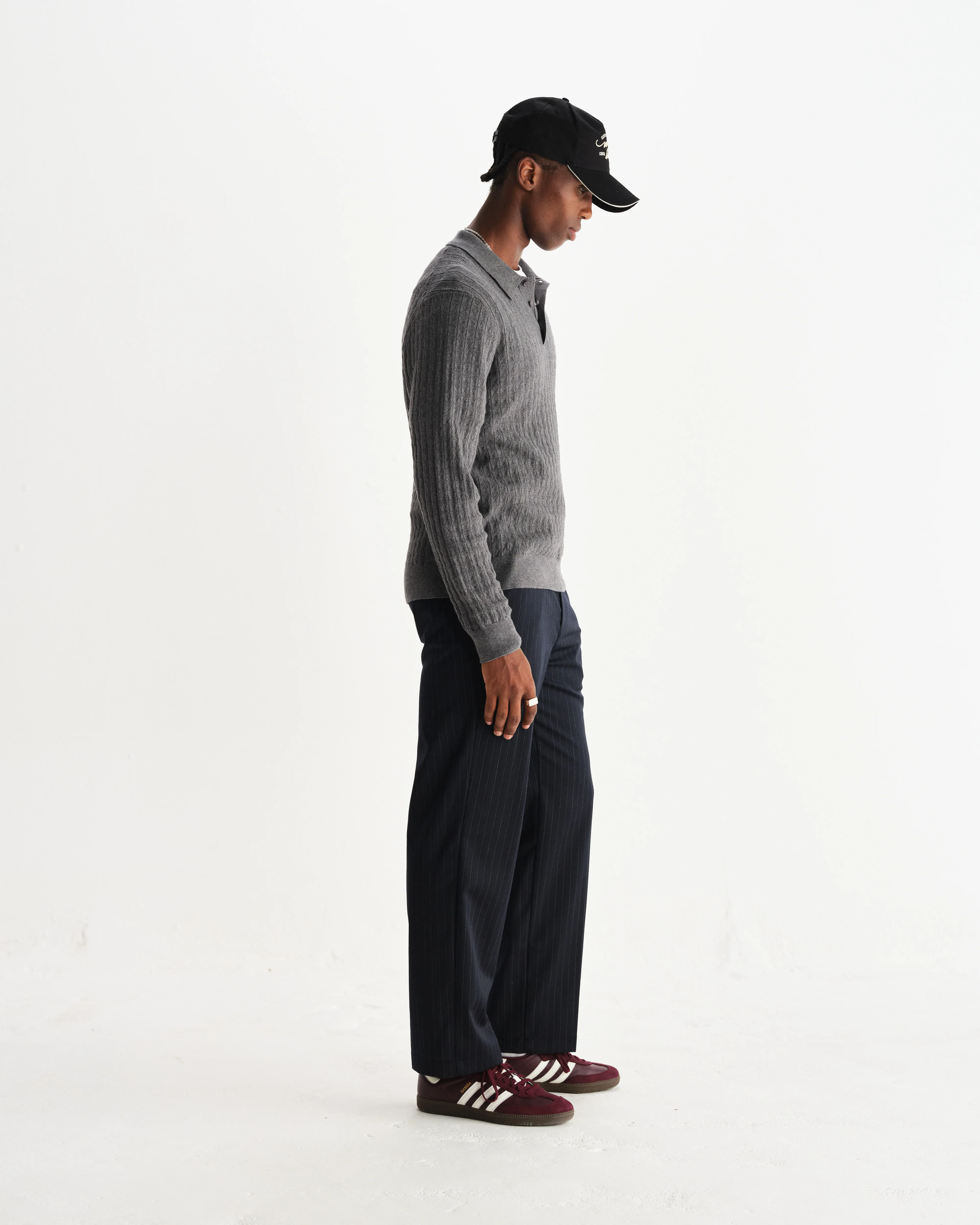 Oban - Grey Marl Diamond Stripe Knitted Polo - Image 5