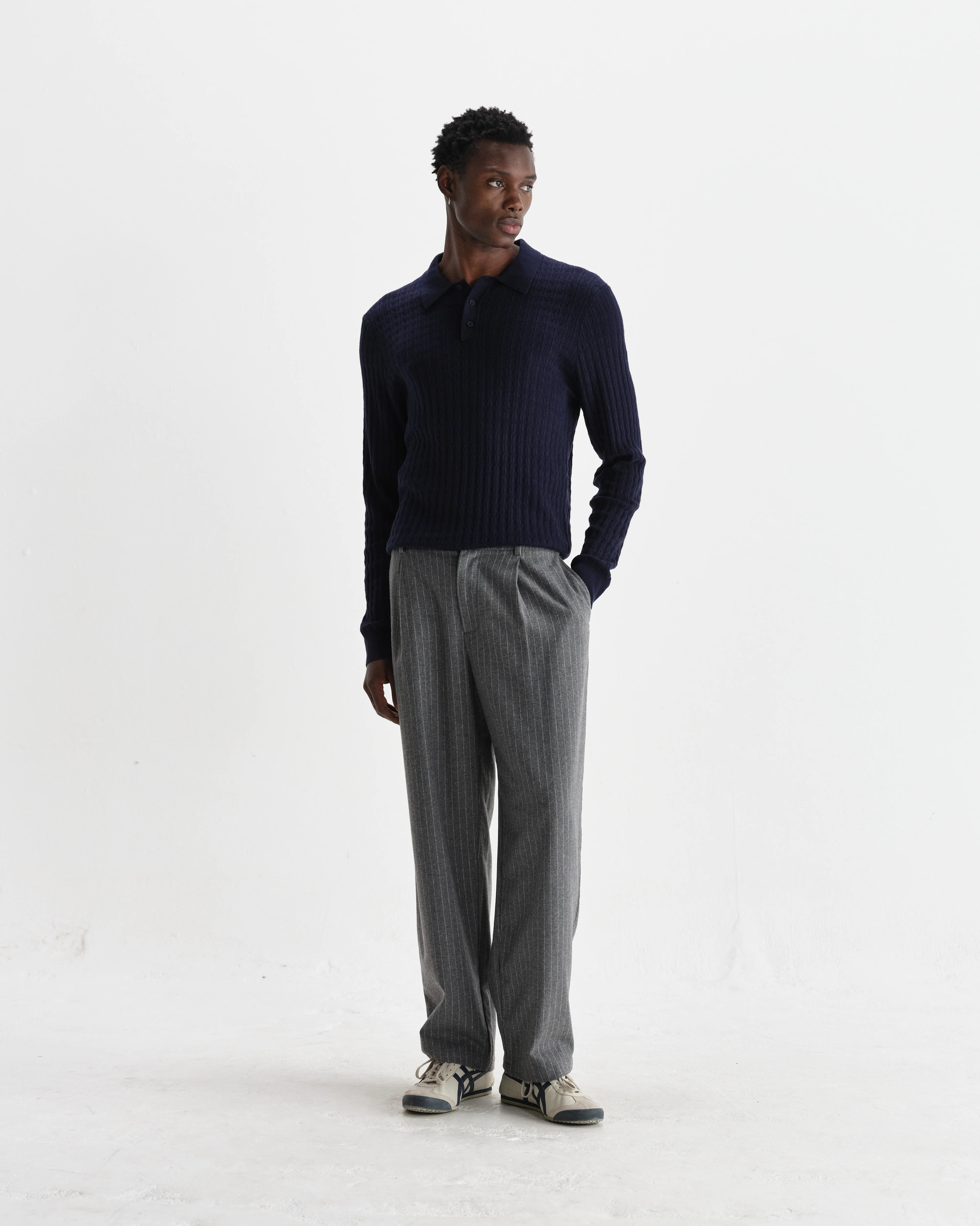 Oban - Navy Diamond Stripe Knitted Polo - Image 4